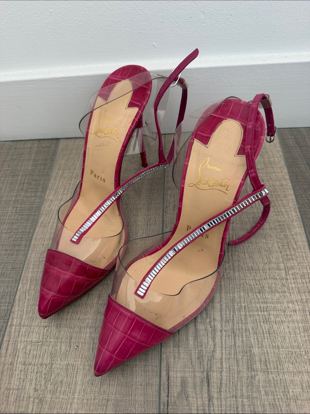 Christian Louboutin Pink Pointed Toe PVC & Leather Slingback Heels